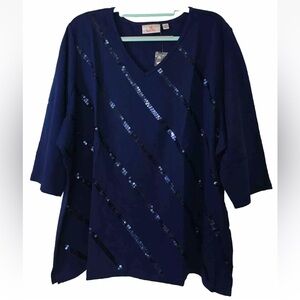 QUACKER FACTORY Top Navy Blue Womens Plus Size 3XL Sequins 1/2 Sleeve Cotton